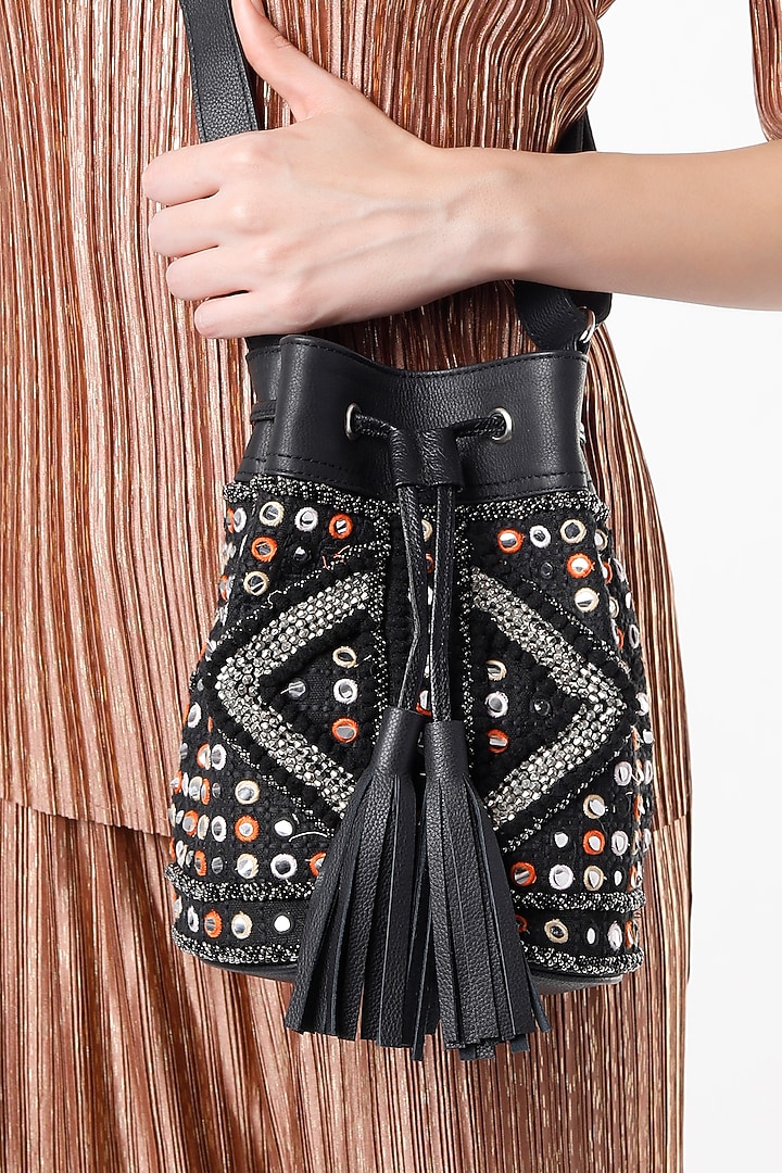 Black Vintage Banjara & Leather Bucket Bag by Vipul Shah Bags at Pernia's Pop Up Shop