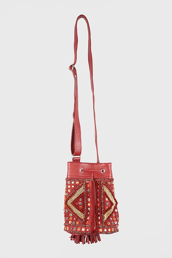 Clear Red Vintage Banjara & Leather Bucket Bag by Vipul Shah Bags at Pernia's Pop Up Shop