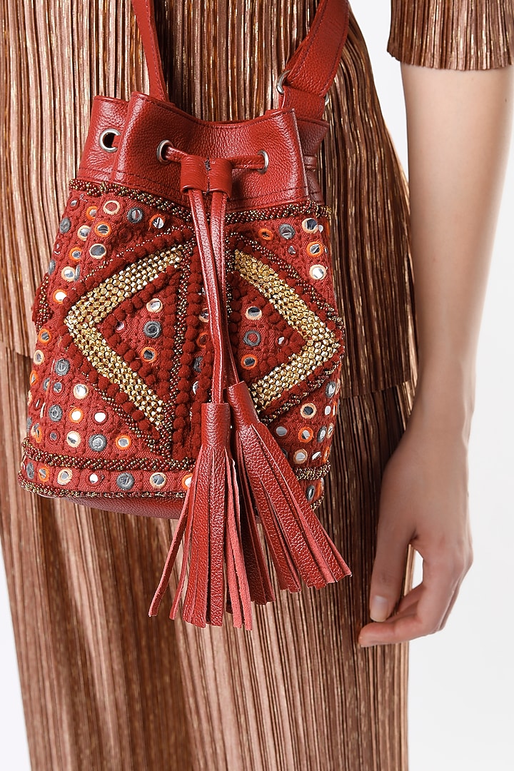 Clear Red Vintage Banjara & Leather Bucket Bag by Vipul Shah Bags at Pernia's Pop Up Shop