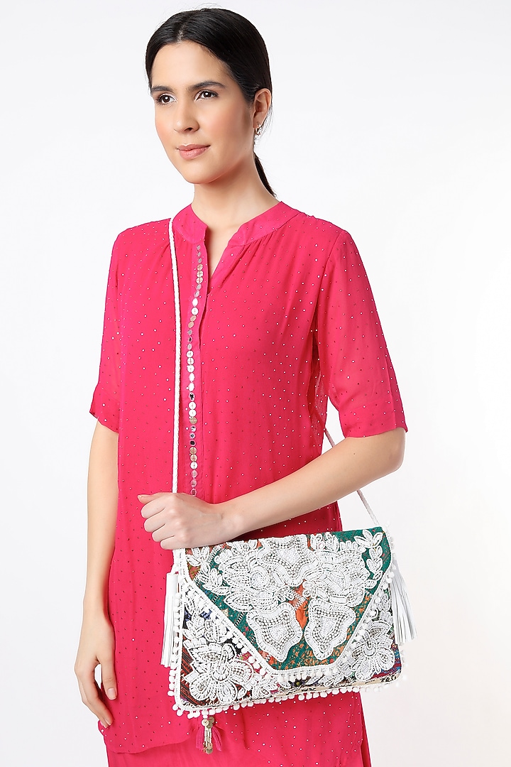 White Hand Embroidered Sling Bag by Vipul Shah Bags at Pernia's Pop Up Shop