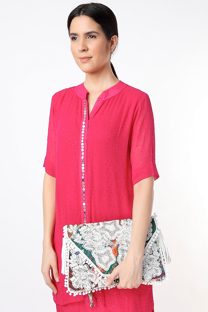White Hand Embroidered Sling Bag by Vipul Shah Bags at Pernia's Pop Up Shop
