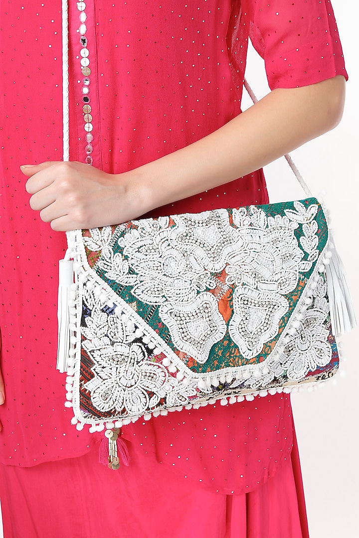 White Hand Embroidered Sling Bag by Vipul Shah Bags at Pernia's Pop Up Shop