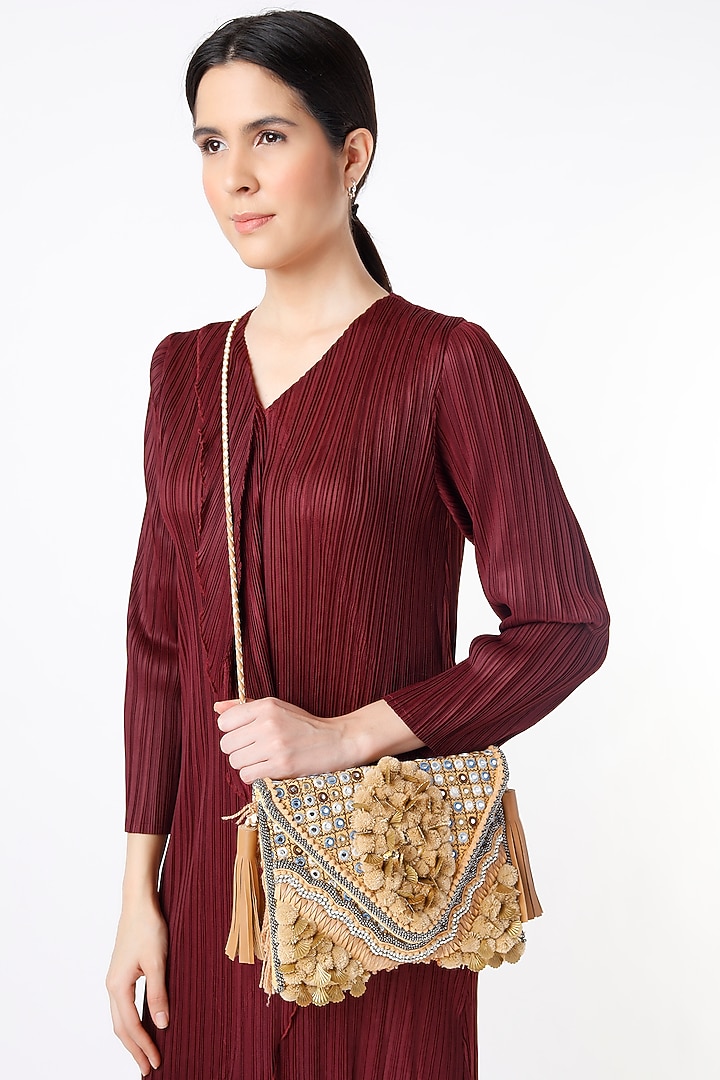 Gold Embroidered Sling Bag by Vipul Shah Bags at Pernia's Pop Up Shop
