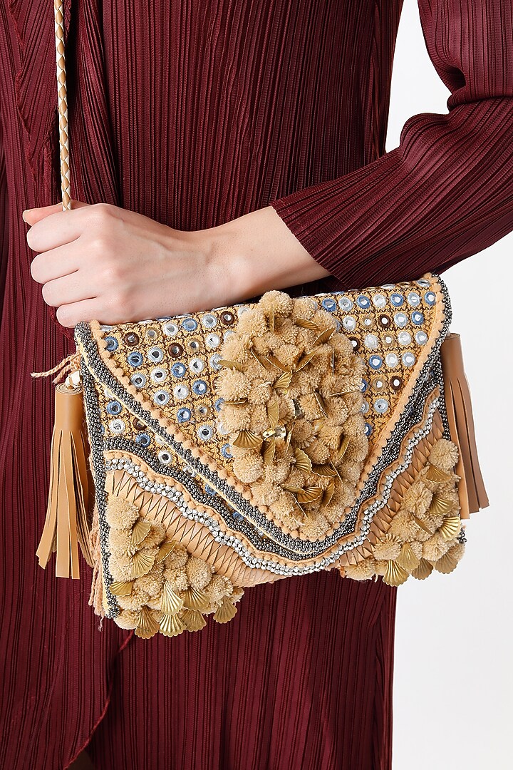 Gold Embroidered Sling Bag by Vipul Shah Bags at Pernia's Pop Up Shop