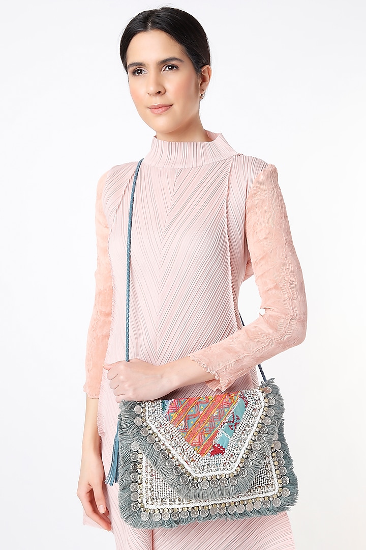 Silver & Catalina Green Hand Embroidered Sling Bag by Vipul Shah Bags at Pernia's Pop Up Shop