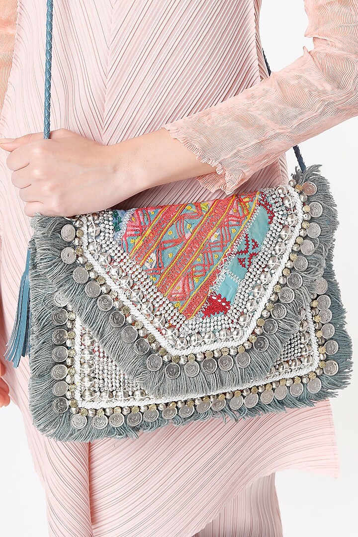 Silver & Catalina Green Hand Embroidered Sling Bag by Vipul Shah Bags at Pernia's Pop Up Shop