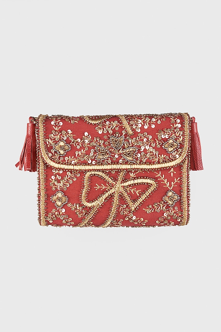 Fiery Red Hand Embroidered Sling Bag by Vipul Shah Bags