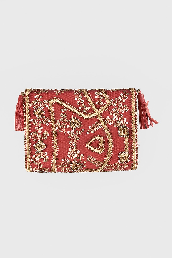 Fiery Red Hand Embroidered Sling Bag by Vipul Shah Bags at Pernia's Pop Up Shop