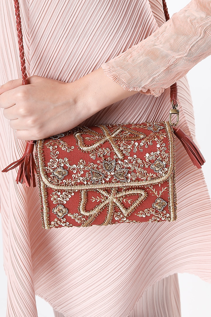 Fiery Red Hand Embroidered Sling Bag by Vipul Shah Bags at Pernia's Pop Up Shop