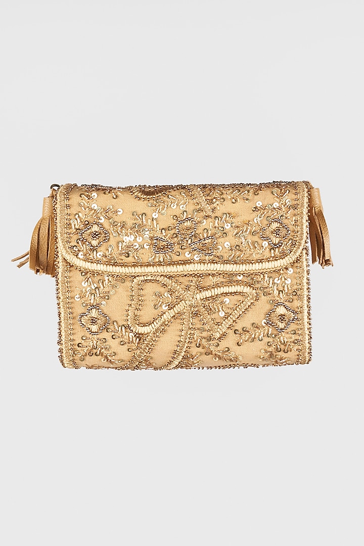 Pale Gold Hand Embroidered Sling Bag by Vipul Shah Bags