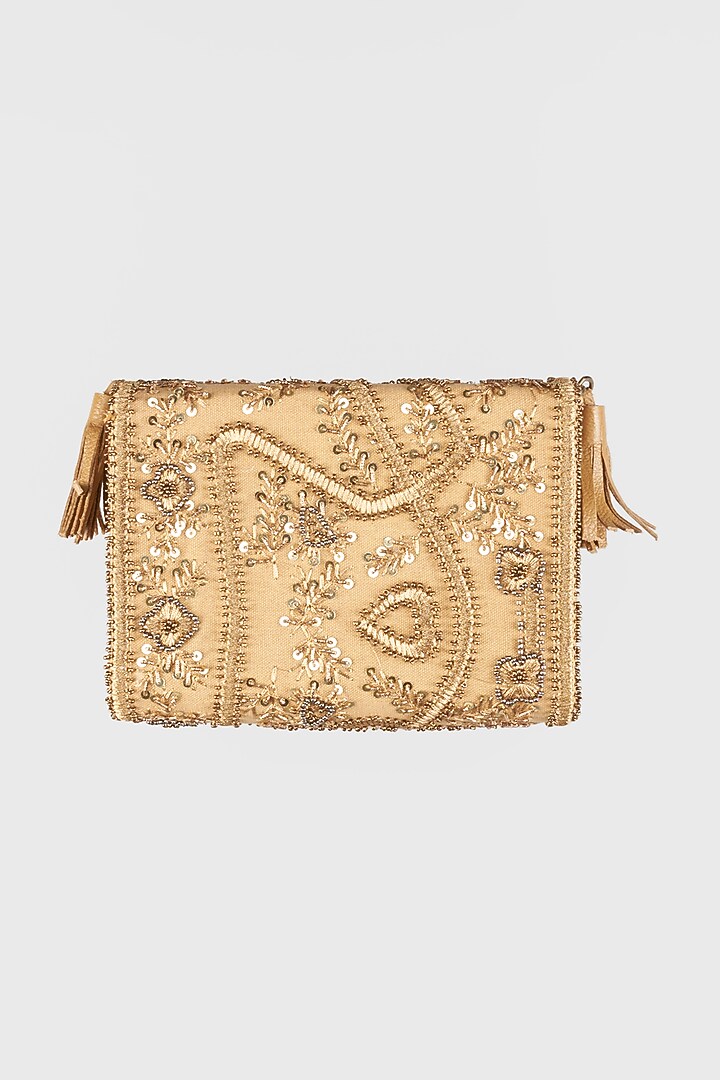 Pale Gold Hand Embroidered Sling Bag by Vipul Shah Bags at Pernia's Pop Up Shop