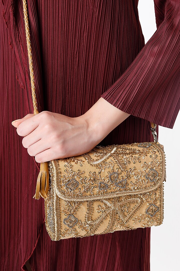 Pale Gold Hand Embroidered Sling Bag by Vipul Shah Bags at Pernia's Pop Up Shop
