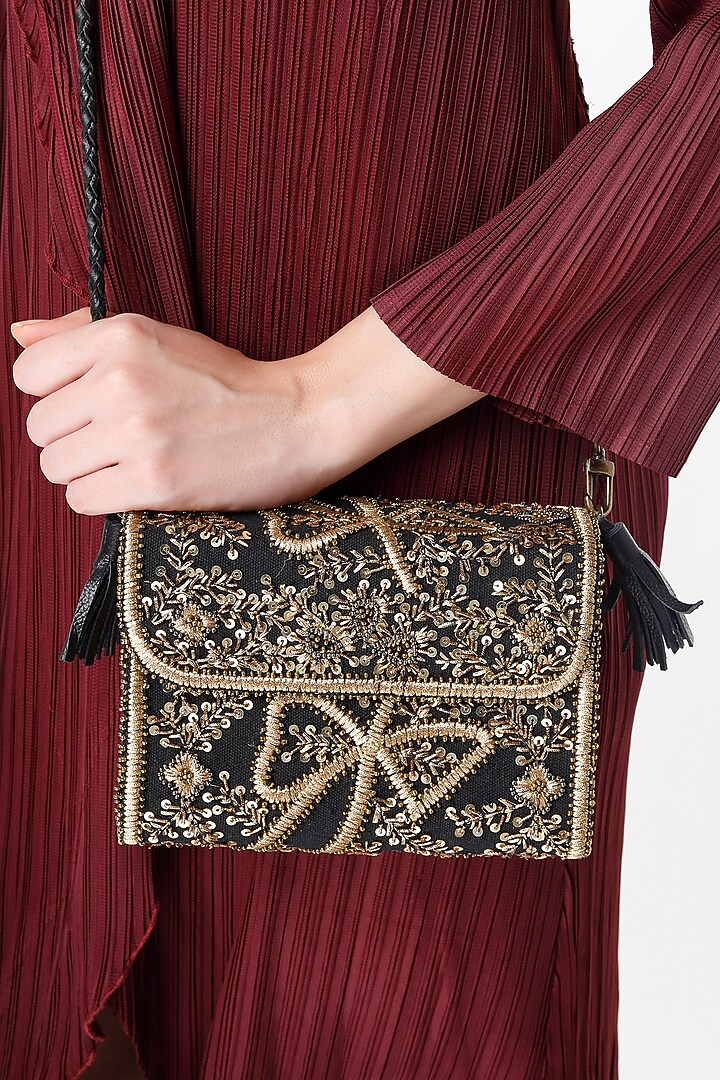 Black Hand Embroidered Sling Bag by Vipul Shah Bags at Pernia's Pop Up Shop