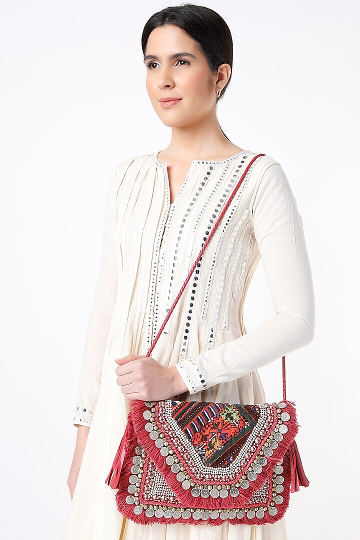 Cadmium Red Hand Embroidered Sling Bag by Vipul Shah Bags at Pernia's Pop Up Shop