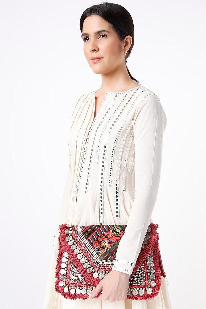 Cadmium Red Hand Embroidered Sling Bag by Vipul Shah Bags at Pernia's Pop Up Shop