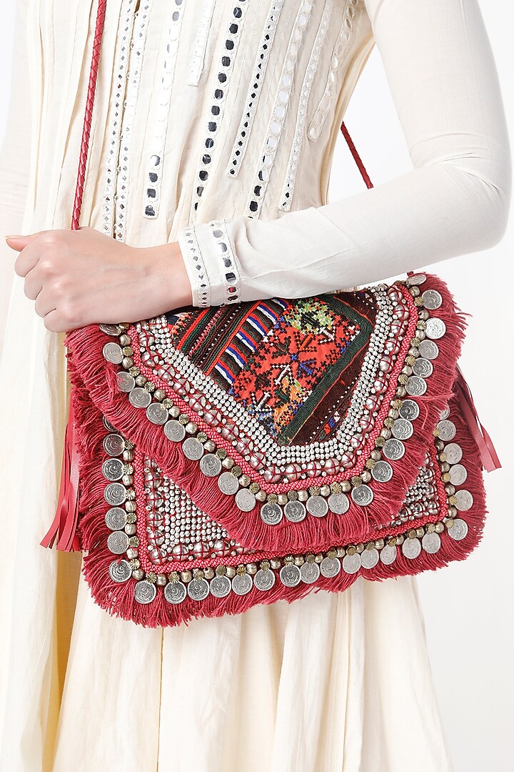 Cadmium Red Hand Embroidered Sling Bag by Vipul Shah Bags at Pernia's Pop Up Shop