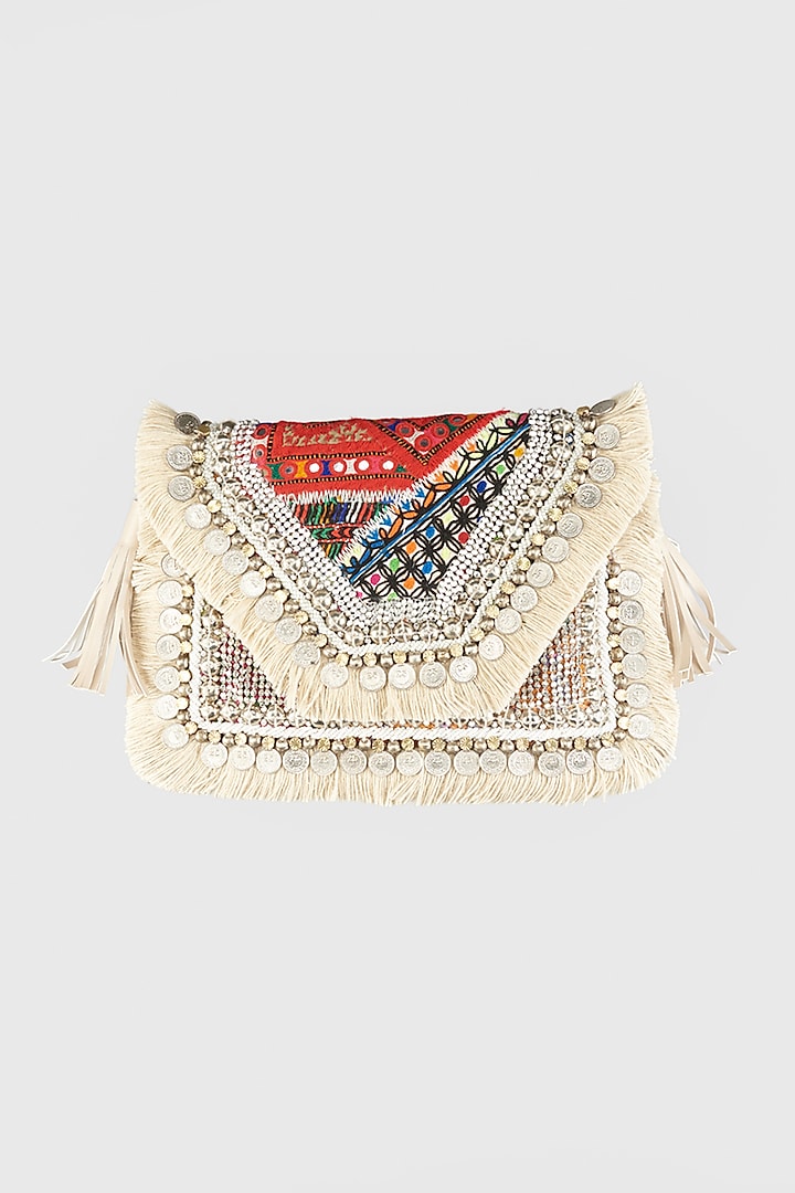 Silver Sling Bag With Hand Embroidery by Vipul Shah Bags