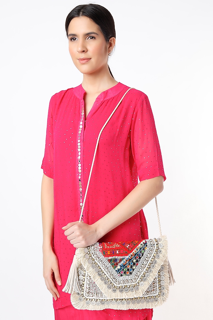 Silver Sling Bag With Hand Embroidery by Vipul Shah Bags at Pernia's Pop Up Shop