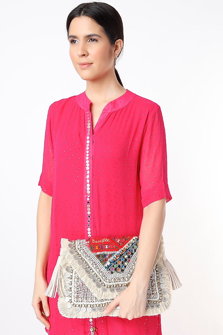 Silver Sling Bag With Hand Embroidery by Vipul Shah Bags at Pernia's Pop Up Shop