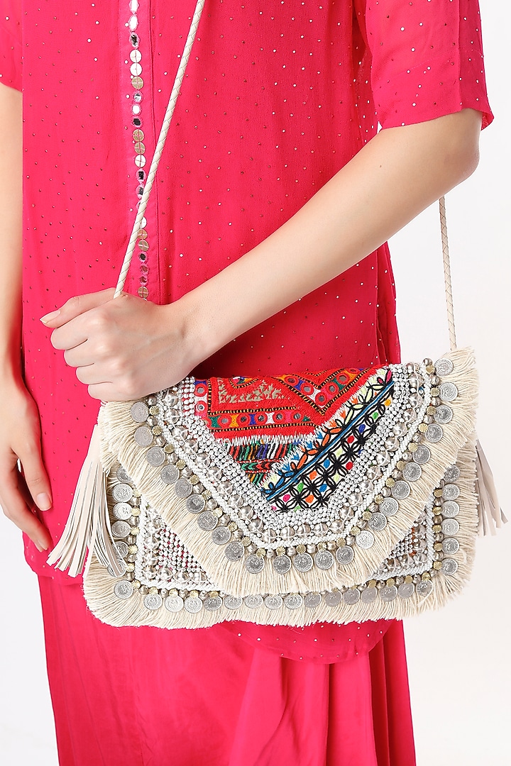 Silver Sling Bag With Hand Embroidery by Vipul Shah Bags at Pernia's Pop Up Shop