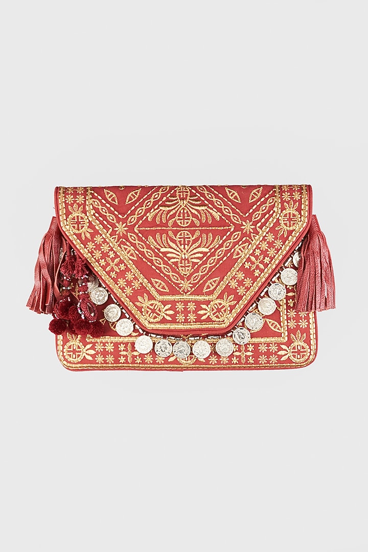 Rust-Red Hand Embroidered Sling Bag by Vipul Shah Bags at Pernia's Pop Up Shop