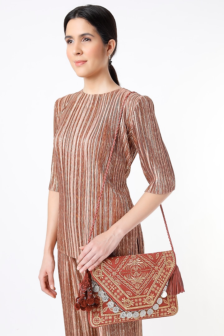 Rust-Red Hand Embroidered Sling Bag by Vipul Shah Bags at Pernia's Pop Up Shop