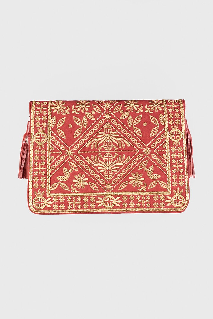 Rust-Red Hand Embroidered Sling Bag by Vipul Shah Bags at Pernia's Pop Up Shop