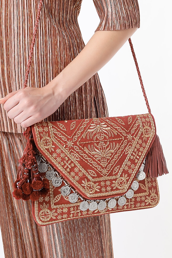 Rust-Red Hand Embroidered Sling Bag by Vipul Shah Bags at Pernia's Pop Up Shop