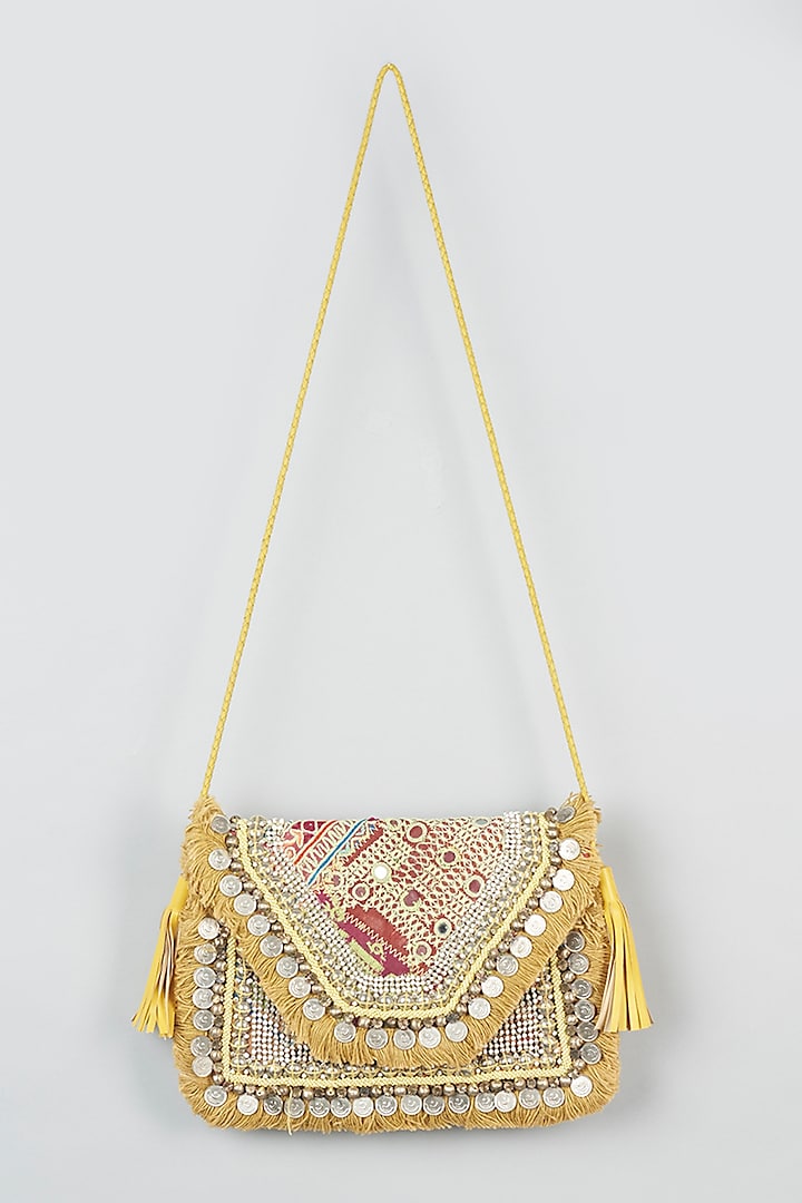 Mustard Hand Embroidered Clutch by Vipul Shah Bags