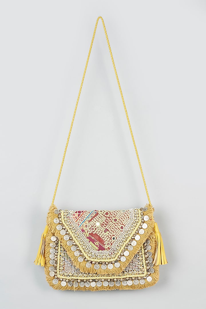 Mustard Hand Embroidered Clutch by Vipul Shah Bags at Pernia's Pop Up Shop
