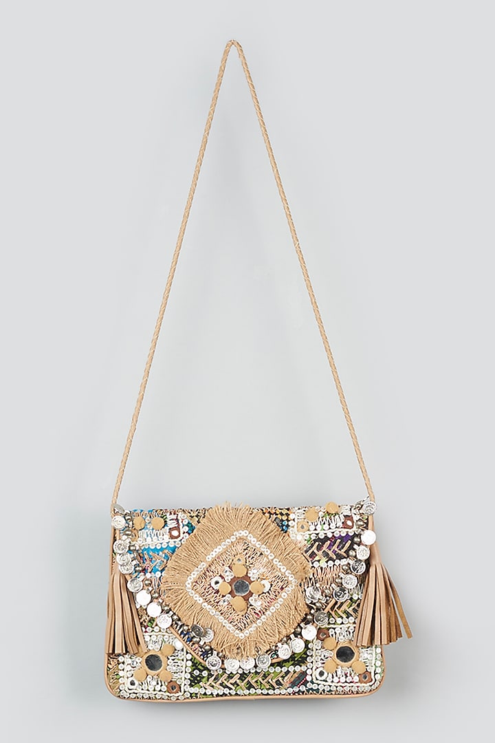 Beige Hand Embroidered Clutch by Vipul Shah Bags