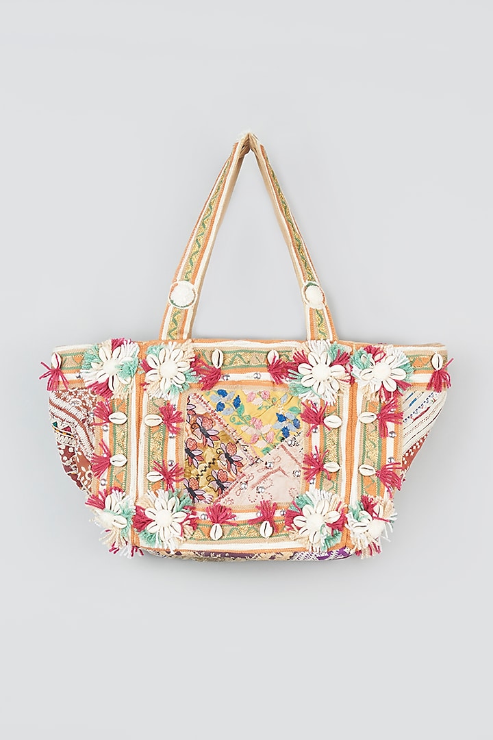 Beige Hand Embroidered Tote Bag by Vipul Shah Bags