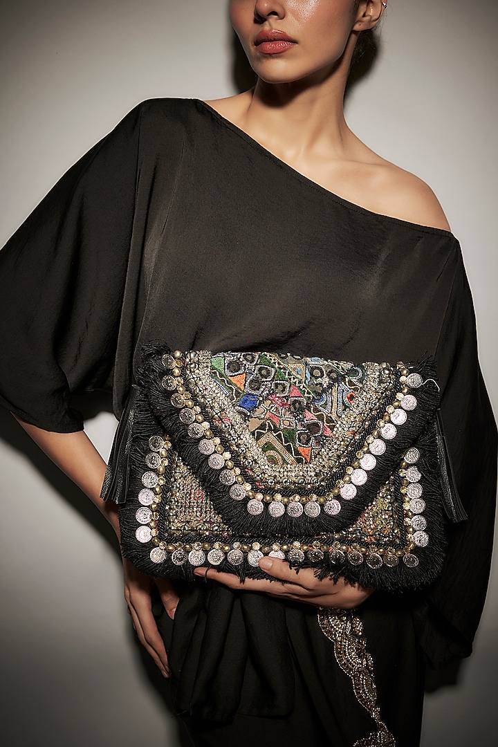 Black Vintage Banjara Applique Hand Embroidered Sling Bag by Vipul Shah Bags at Pernia's Pop Up Shop