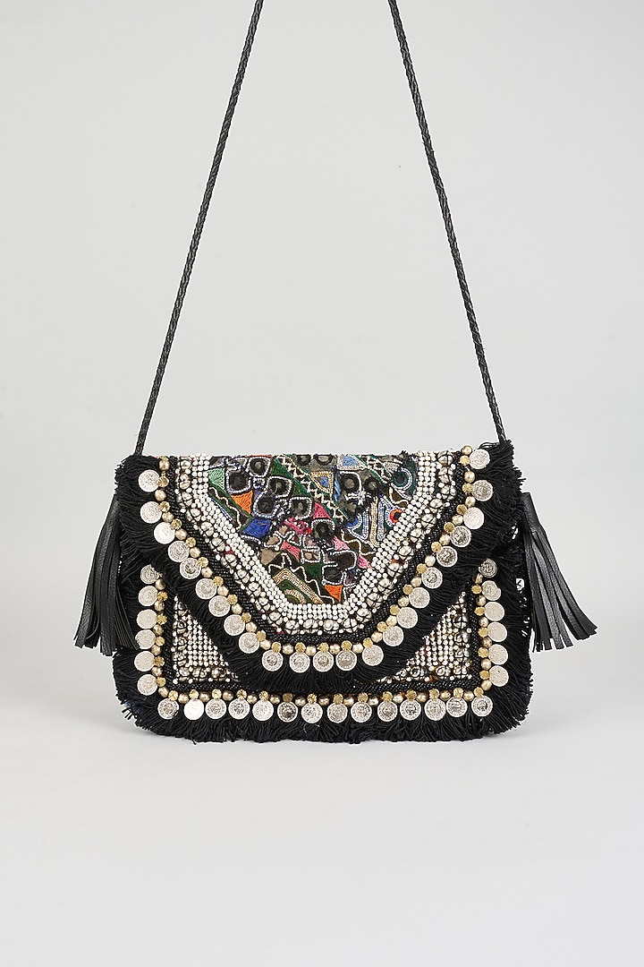Black Vintage Banjara Applique Hand Embroidered Sling Bag by Vipul Shah Bags at Pernia's Pop Up Shop