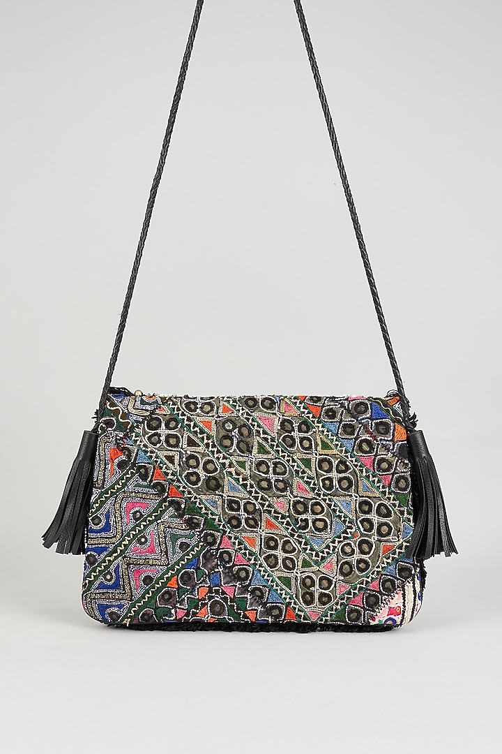 Black Vintage Banjara Applique Hand Embroidered Sling Bag by Vipul Shah Bags at Pernia's Pop Up Shop
