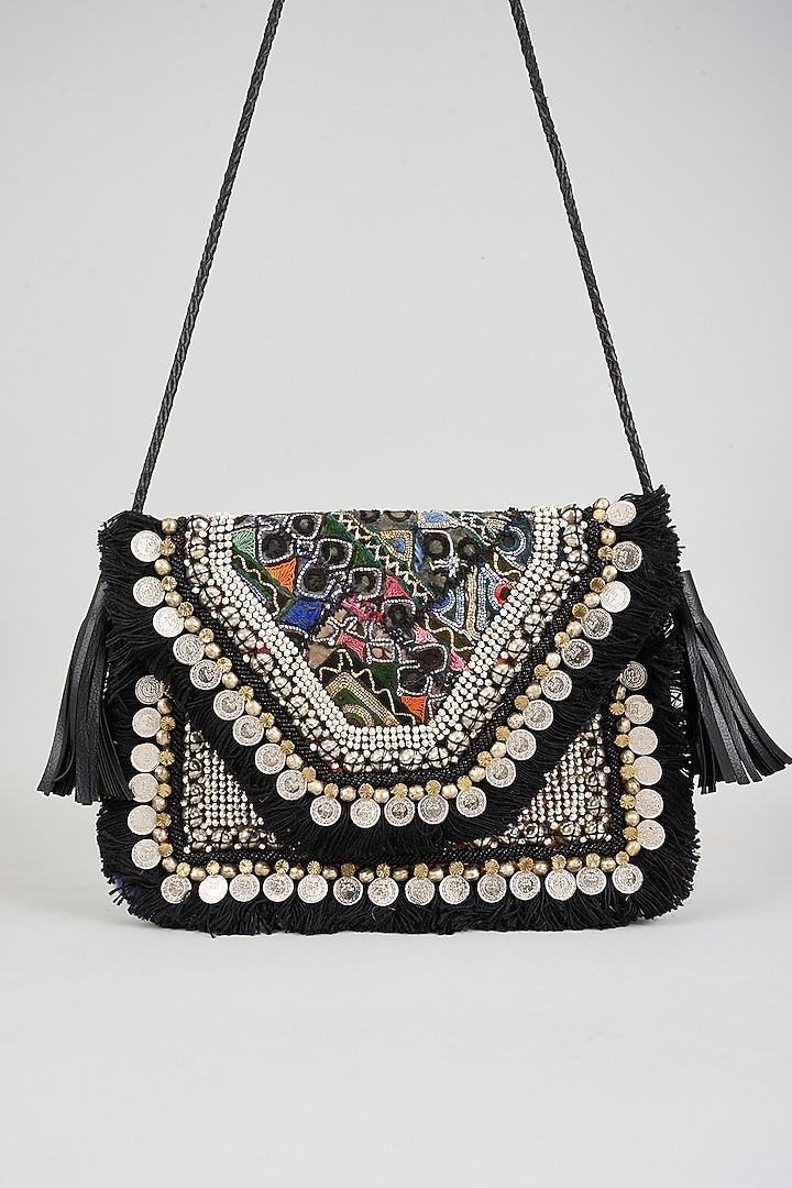 Black Vintage Banjara Applique Hand Embroidered Sling Bag by Vipul Shah Bags at Pernia's Pop Up Shop