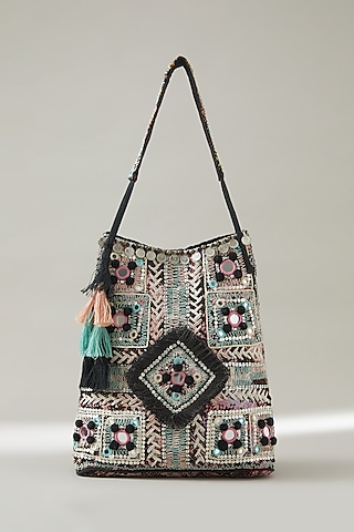 Black Vintage Banjara Embroidered Tote Bag by Vipul Shah Bags