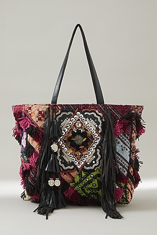 Black Vintage Banjara Embellished Tote Bag by Vipul Shah Bags