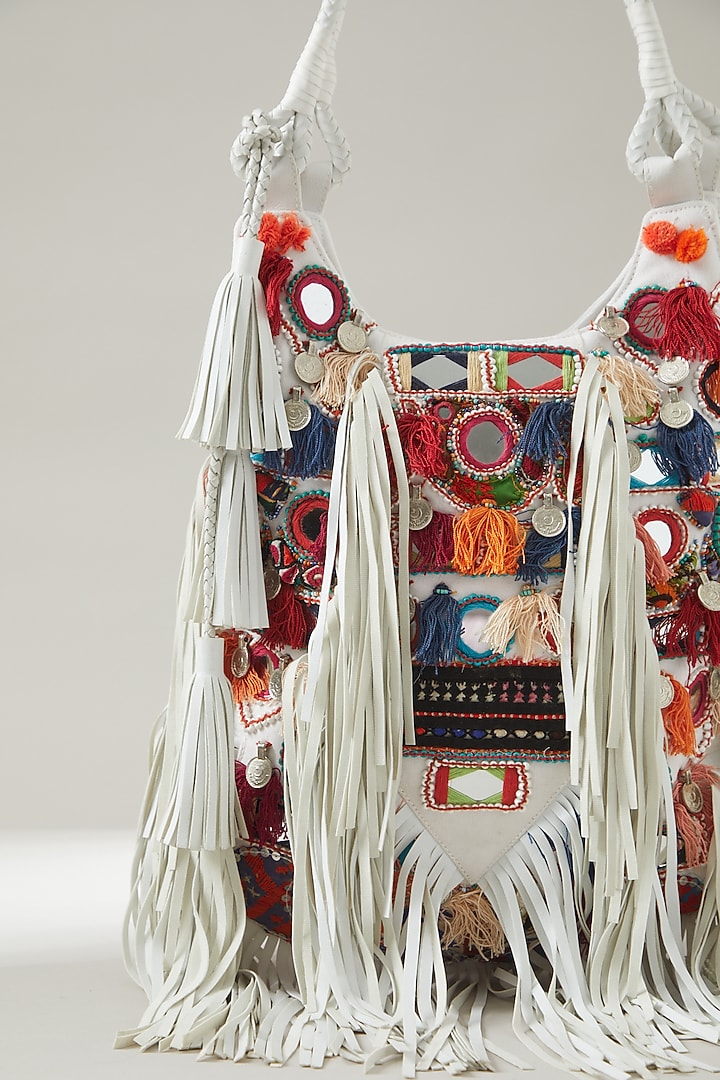 White Vintage Banjara Embellished Tote Bag by Vipul Shah Bags at Pernia's Pop Up Shop