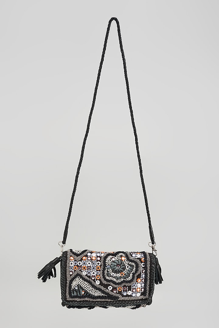 Black Banjara Patch Fabric Tassels & Thread Embroidered Handcrafted Sling Bag by Vipul Shah Bags