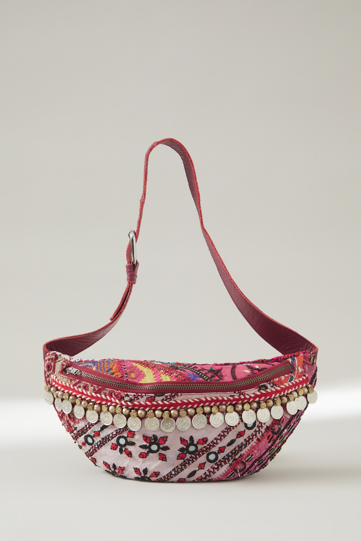 Burgundy Vintage Banjara Embellished Belt Bag by Vipul Shah Bags