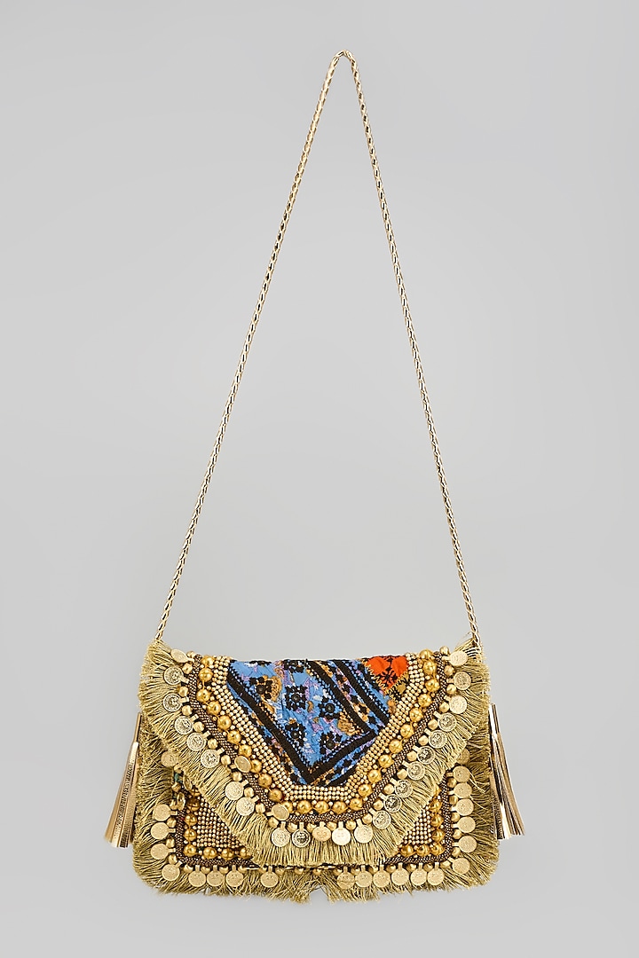 Beige Banjara Patch Fabric Tassels & Thread Embroidered Handcrafted Sling Bag by Vipul Shah Bags
