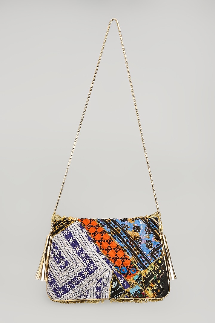 Beige Banjara Patch Fabric Tassels & Thread Embroidered Handcrafted Sling Bag by Vipul Shah Bags at Pernia's Pop Up Shop