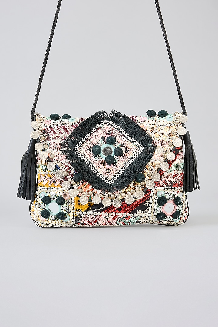 Black Banjara Patch Fabric Thread Embroidered Handbag by Vipul Shah Bags at Pernia's Pop Up Shop