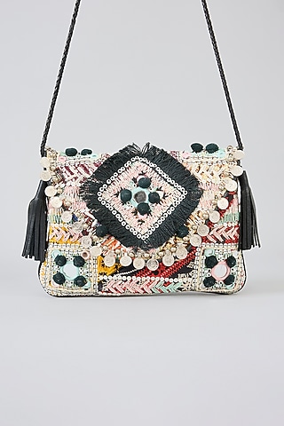Black Banjara Patch Fabric Thread Embroidered Handbag by Vipul Shah Bags