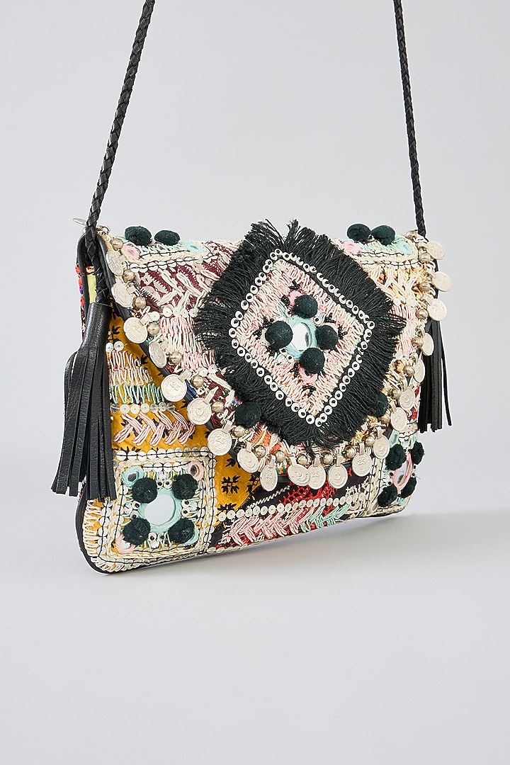 Black Banjara Patch Fabric Thread Embroidered Handbag by Vipul Shah Bags at Pernia's Pop Up Shop