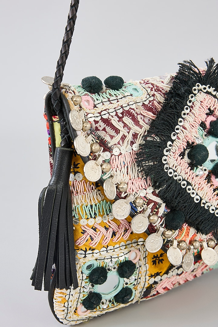 Black Banjara Patch Fabric Thread Embroidered Handbag by Vipul Shah Bags at Pernia's Pop Up Shop