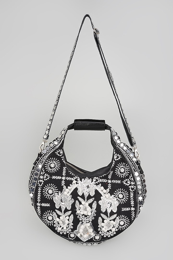 Black Banjara Patch Fabric Tassels & Thread Embroidered Handcrafted Handbag by Vipul Shah Bags