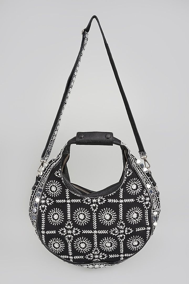 Black Banjara Patch Fabric Tassels & Thread Embroidered Handcrafted Handbag by Vipul Shah Bags at Pernia's Pop Up Shop