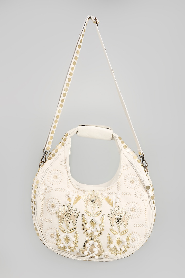 White Banjara Patch Fabric Tassels & Thread Embroidered Handcrafted Handbag by Vipul Shah Bags
